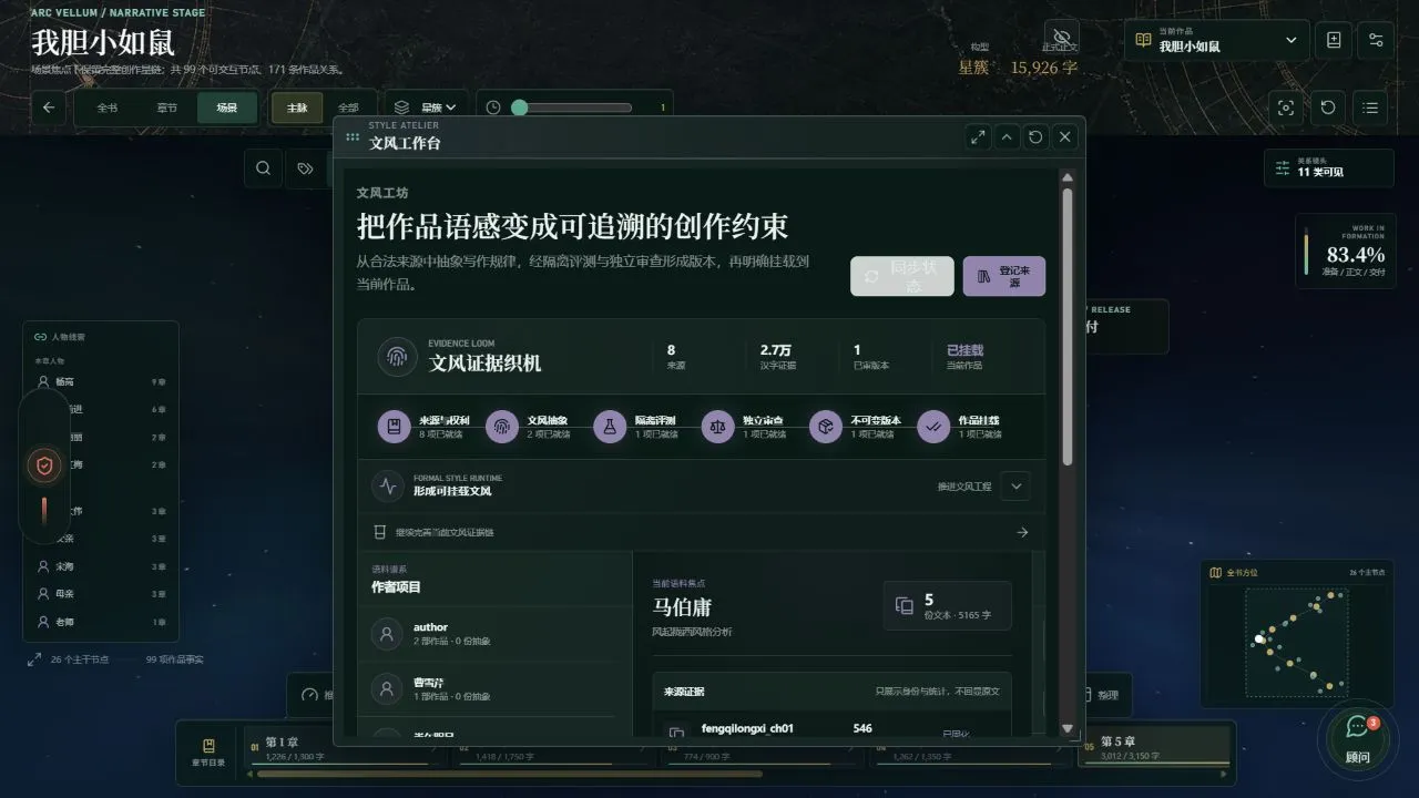 ArcVellum 文风工作台，展示语料、Profile 与挂载状态