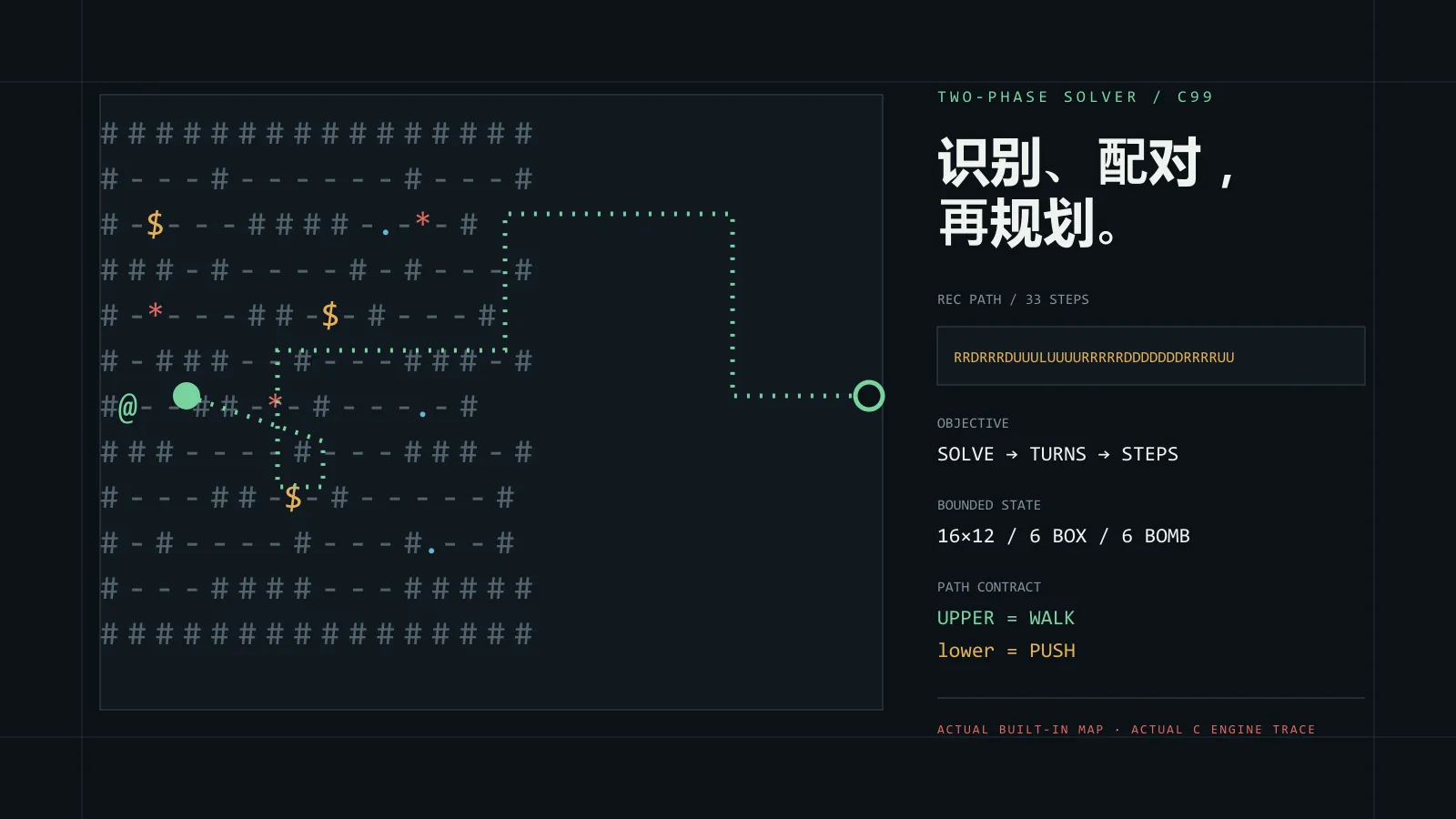 推箱炸障求解器在内置地图上的识别路径与状态可视化